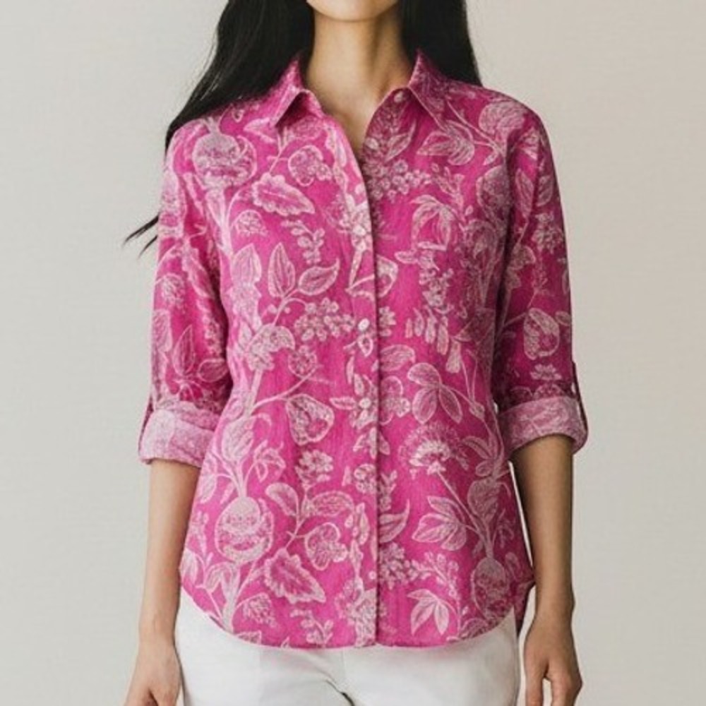 Tommy Bahama Womens XS Silk Cotton Pink Floral Long Sleeve Blouse Shirt Tropical